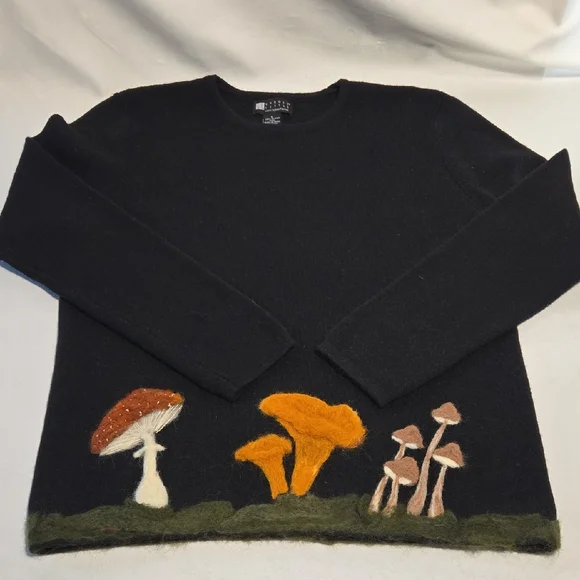Carole Little Black Sweater with Colorful Mushroom Design - Picture 1 of 7